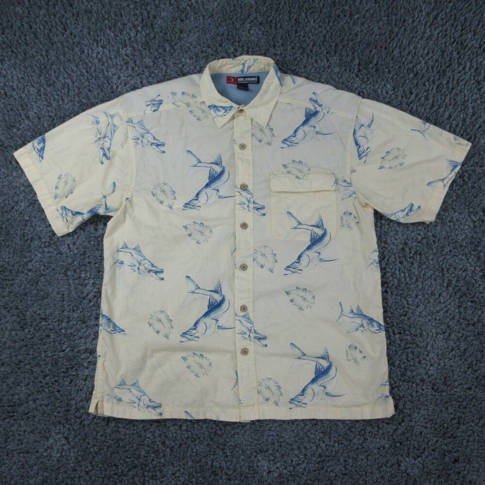 Reel Legends Shirt Mens Extra Large Yellow Weathered Vented Fish Print